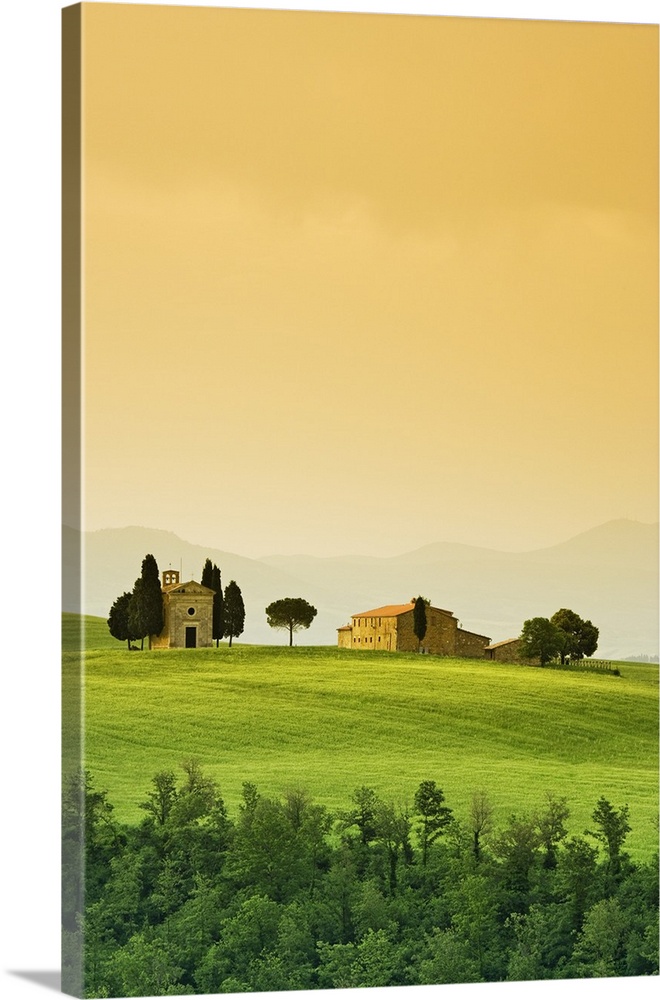 Europe, Italy, Tuscany. Landscape with church and villa.