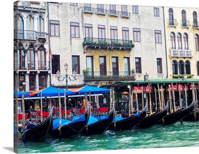 Europe, Italy, Venice, Buildings Along The Grand Canal With Gondolas Parked