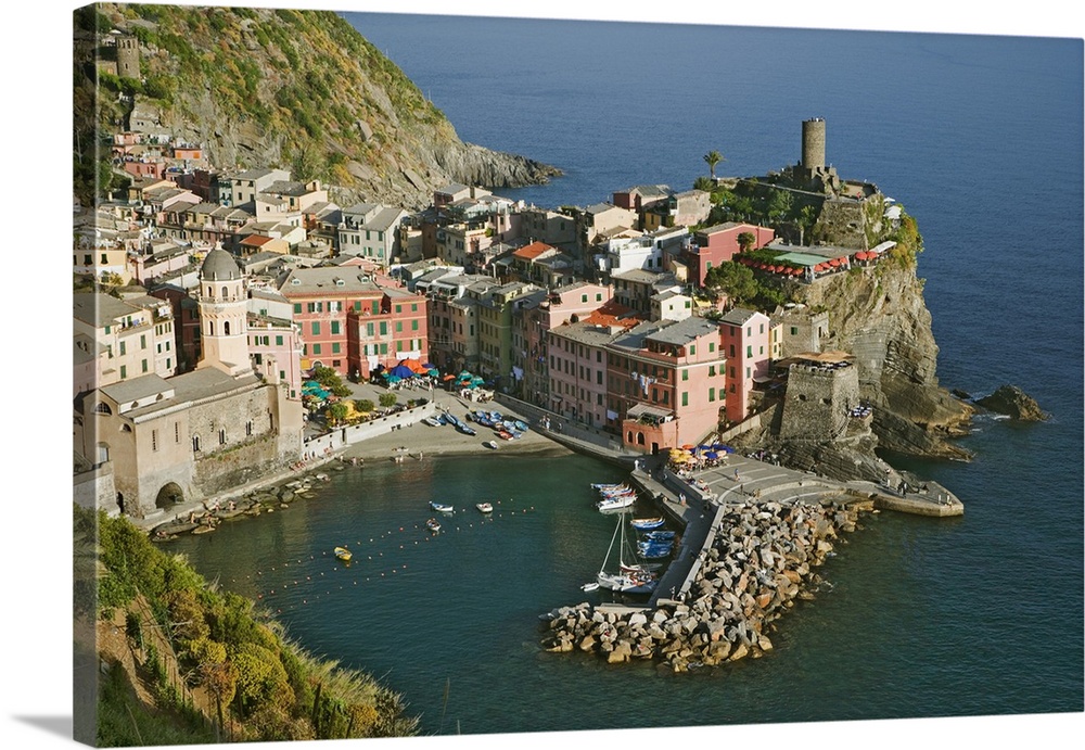 Europe, Italy, Vernazza. Overview of town and ocean.