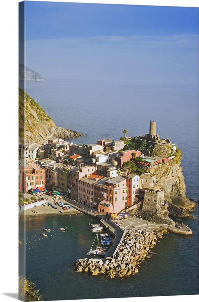 Europe, Italy, Vernazza. Overview of town and ocean.