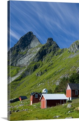 Europe, Norway, Lofoten. Houses in Vindstad below Rabbtinden