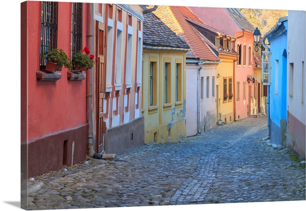 Europe, Romania, Sighisoara, cobblestone residential street of colorful houses in village. UNESCO World Heritage Site.