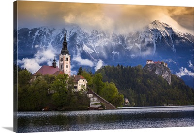 Europe, Slovenia, Lake Bled, Church Castle On Lake Island And Mountain Landscape