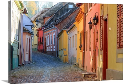 Europe, Transylvania, Romania, Cobblestone Street Of Colorful Houses In Village