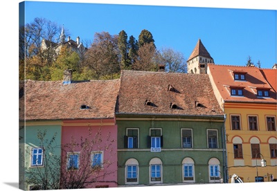Europe, Transylvania, Romania, Colorful Residences Along Street In Medieval Village