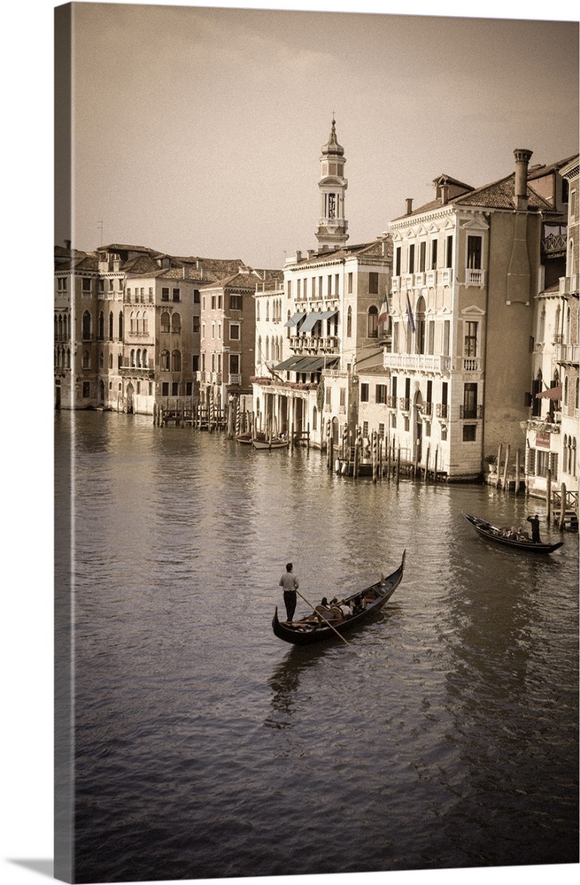 Evening light and gondolas on the Grand Canal, Venice, Veneto, Italy.