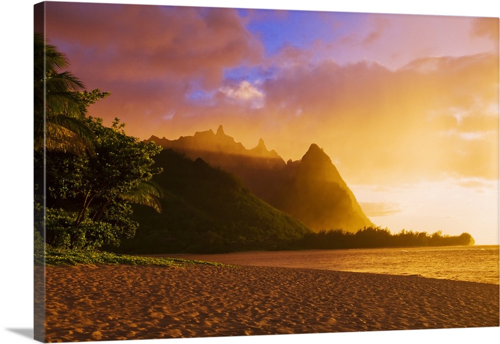 Evening light on Na Pali Coast spires from Tunnels Beach, Island of Kauai, Hawaii