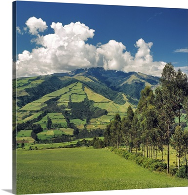 Fertile fields dot the hillsides in the Central Highlands near Otavalo, Ecuador