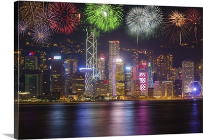 Fireworks Over City At Night In China, Hong Kong