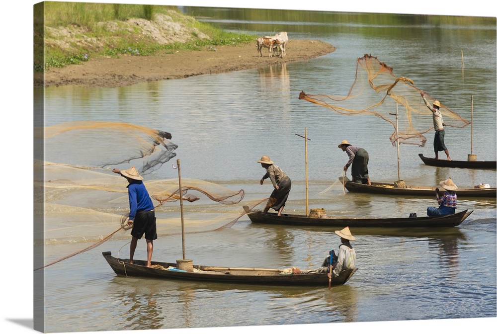 Fishermen fishing on the river, Bago, Bago Region, Myanmar