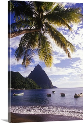 Fishing boats and Petit Piton, Soufriere, St Lucia, Caribbean