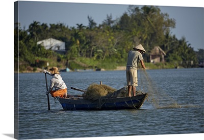 Fishing From Boat On Thu Bon River, Hoi An (UNESCO World Heritage Site), Vietnam