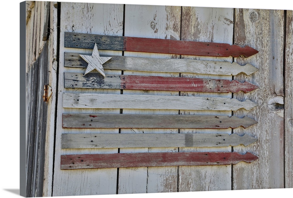 Flag on side of old wooden shed, Benge, Washington State