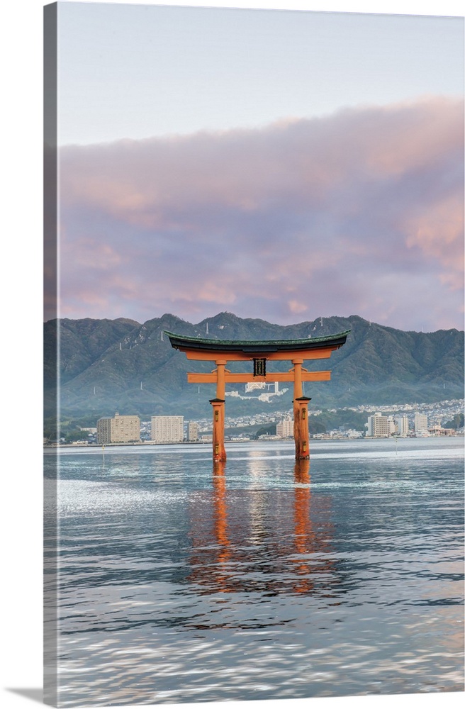 Japan, Miyajima, Itsukushima Shrine, Floating Torii Gate at Sunrise
