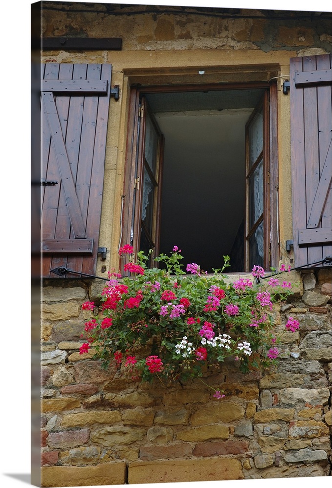 France, Burgundy, Oingt, window of limestone house