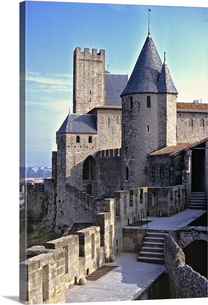 Europe, France, Carcassonne. Walking the city walls in Carcassonne, Dept. Aude, France, gives views to La Cite and the cou...