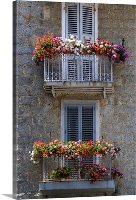 France, Corsica, Flower Boxes On Window Balconies, House In Sartene