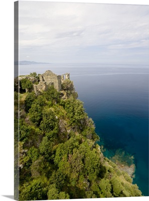 France, Corsica, Ruins Of Genoese Tower Above Mediterreanean Sea At Village Of Nonza