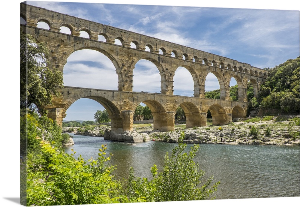 France, Nimes, the Pont du Gard is an ancient Roman aqueduct bridge that crosses the Gardon River.