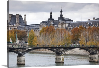 France, Paris, Musee De Louvre Museum And Pont Des Arts Bridge