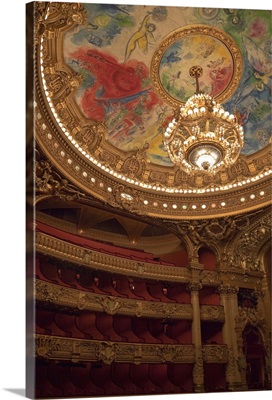 France, Paris, Part of ornate ceiling and tiers of seating at Opera Garnier