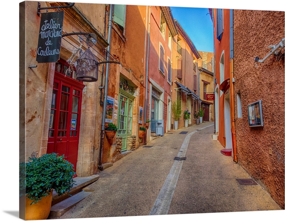 France, Provence, Roussillon, Town scenes of colorful French Hillside town.
