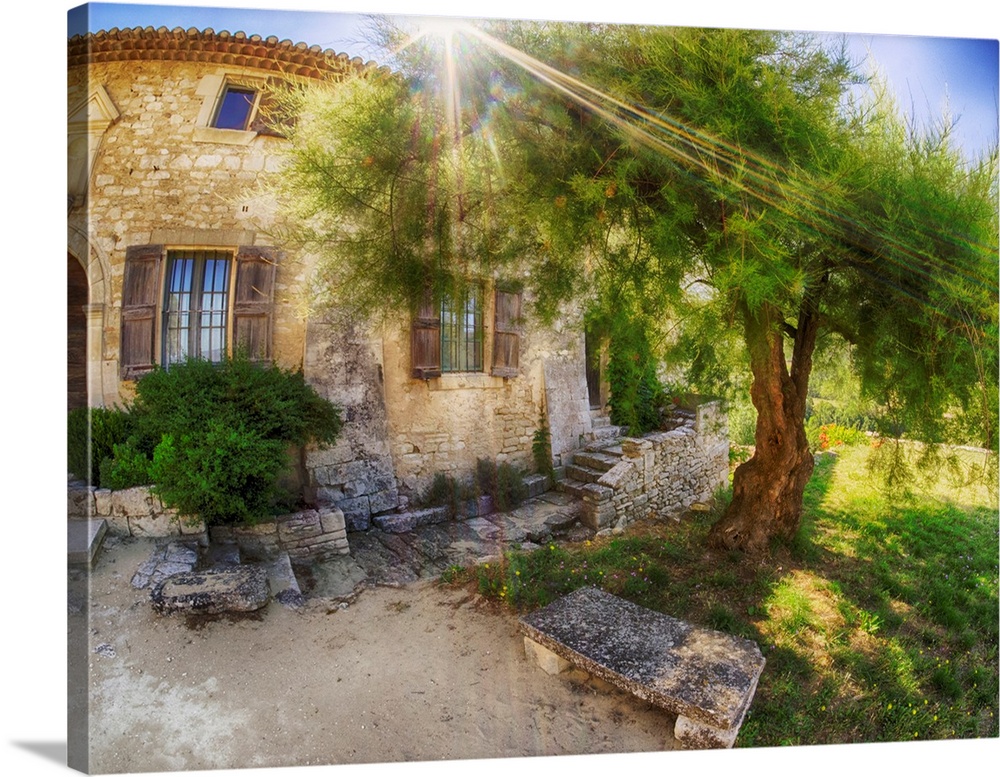 France, Provence, Sunrays streaming above St Hilaire Abbey.