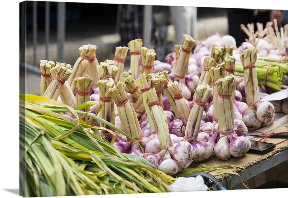 France, St. Remy. Local Street market, garlic and onions.