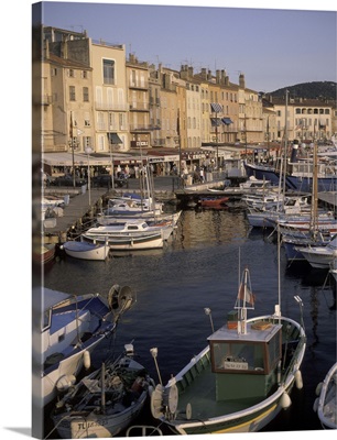 France, St. Tropez, Boats moored in harbor