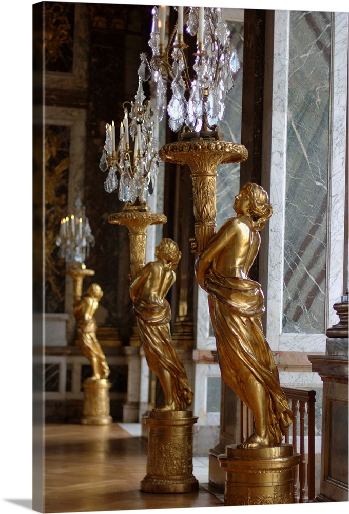 France, Versailles, Hall of Mirrors gold statues