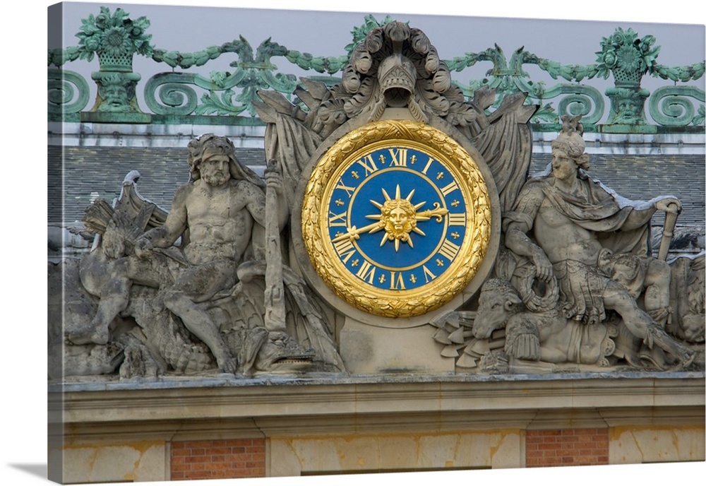 France, Versailles, statue and clock detail