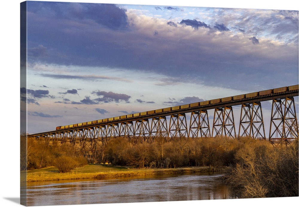 Freight train crosses Hi- Line Trestle over the Sheyenne River in Valley City, North Dakota, USA.