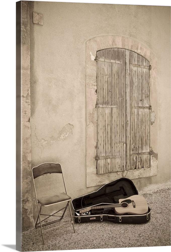 French village street scene. Still Life with guitar