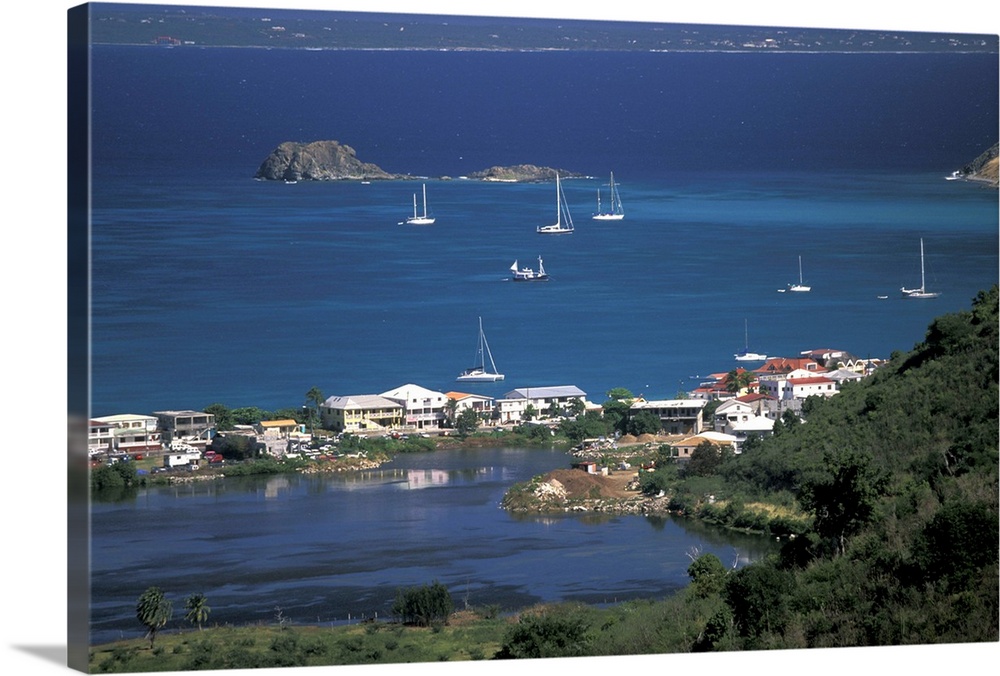 Caribbean, French West Indies, St. Martin.Grand Case; aerial view of downtown; St. Martin's dining capital.