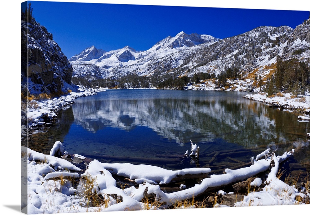 Fresh snow on Mount Abbot from Long Lake, John Muir Wilderness, Sierra Nevada Mountains, California USA.