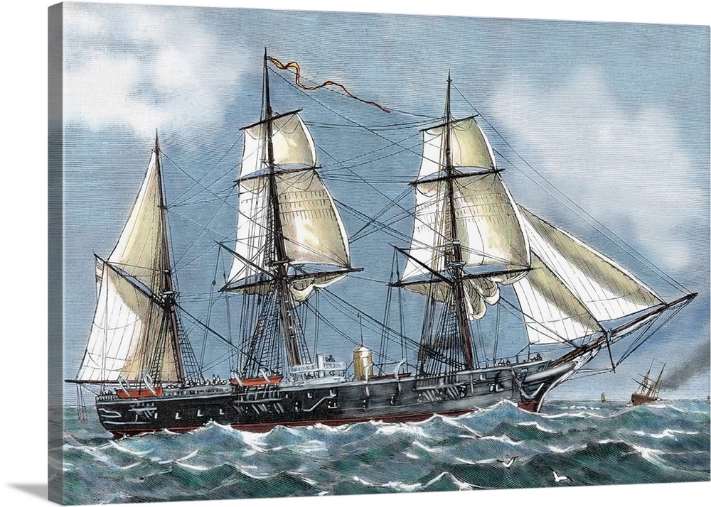 Frigate 'Blanca' of the Spanish Navy aimed at a voyage of circumnavigation. Engraving by Capuz in 'The Spanish and America...
