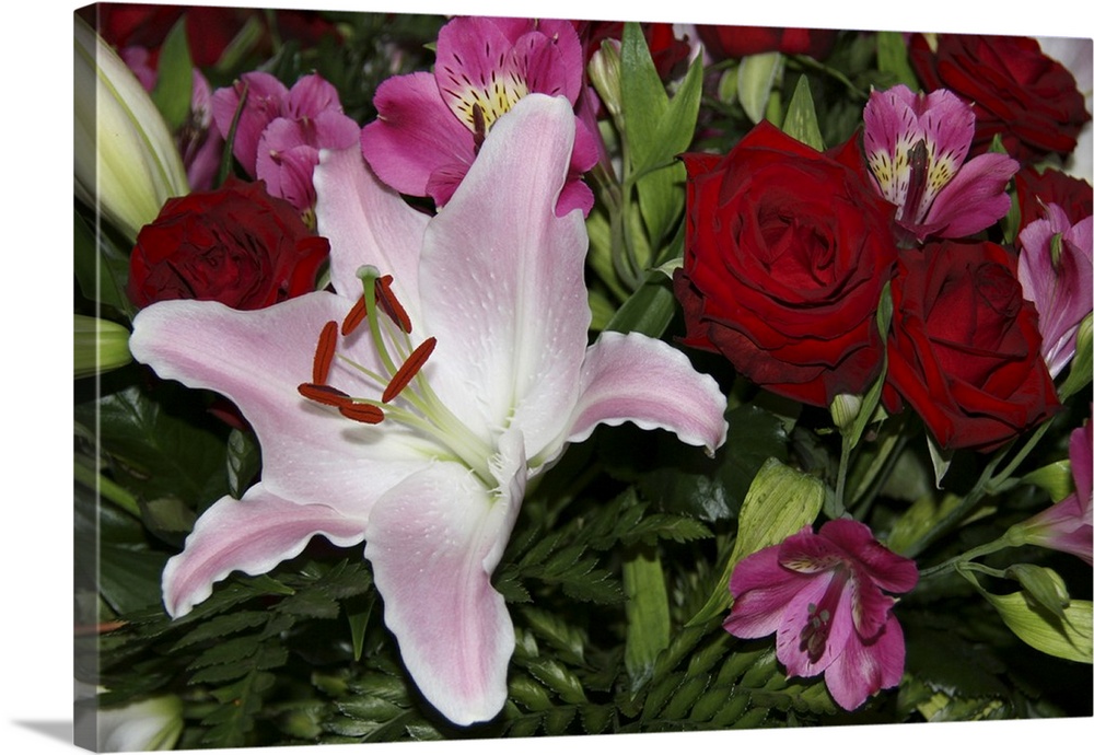 Full frame of flower arrangement including red roses and a Rubrum Lily.