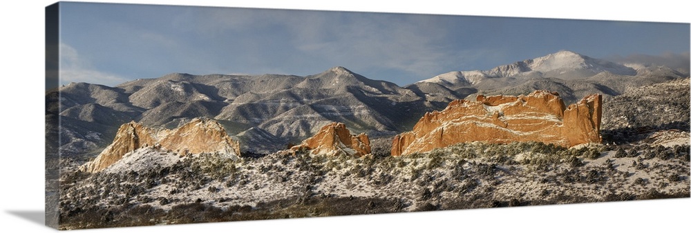 USA, North America, Colorado. Garden Of The Gods, Panoramic Of Fresh Snow On Pikes Peak And Sandstone Formation.