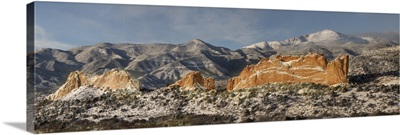 Garden Of The Gods, Panoramic Of Fresh Snow On Pikes Peak And Sandstone Formation