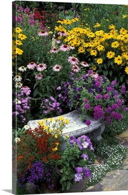 Garden stone bench, gold and purple