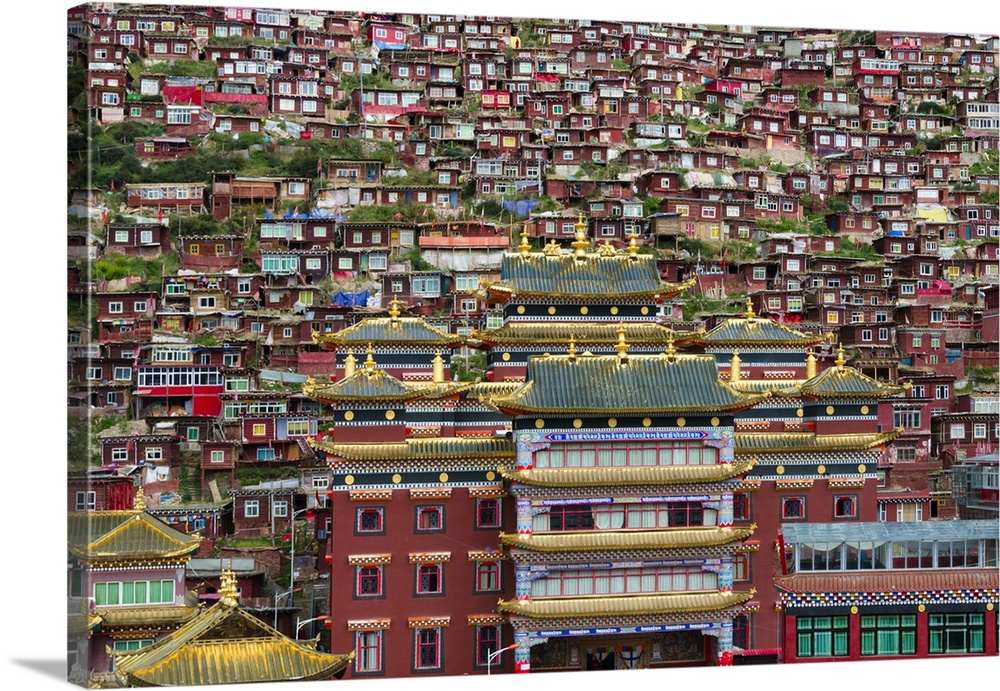 Seda Larung Wuming, the world's largest Tibetan Buddhist institute, temple with red log cabins lived by monks and nuns cov...