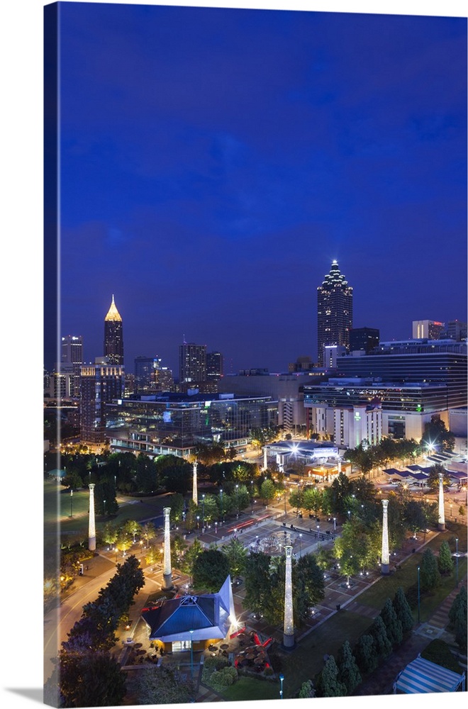 Georgia, Atlanta, Centennial Olympic Park, elevated city view, dusk.