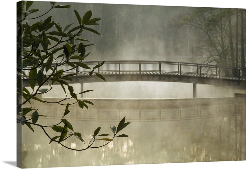 USA, Georgia, Callaway Gardens, Pond in fog with bridge.  com.