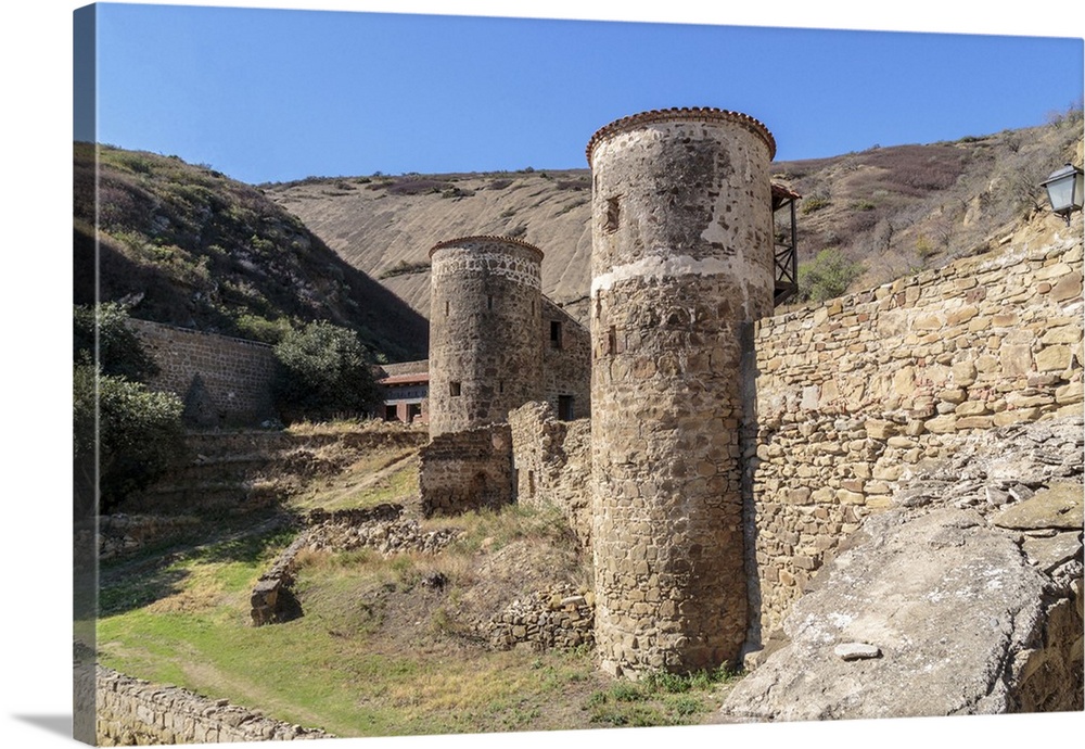 Georgia, Kakheti. Stone towers and walls at David Gareja Monastery.