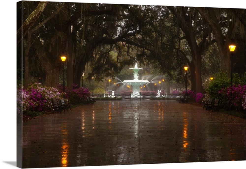 Georgia, Savannah, Forsyth Park Fountain with spring azaleas Wall Art ...