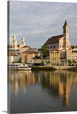 Germany, Bayern-Passau, Danube River View With St. Paul Church, Sunset