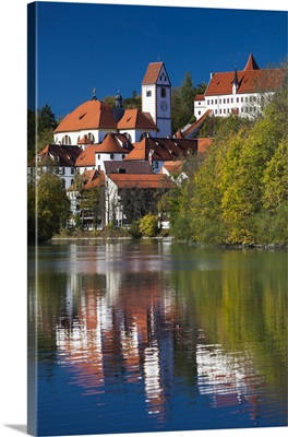 Germany, Fussen, St. Mang Abbey and the Hohes Schloss Castle from the Lech River