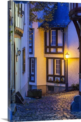 Germany, Hesse, Limburg an der Lahn, traditional half-timbered building at dawn