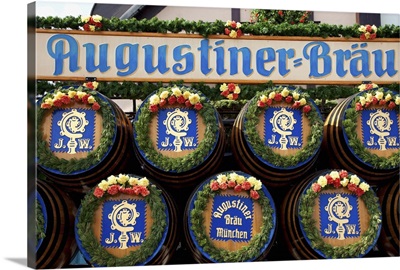 Germany, Munich, Decorated barrels of beer at Oktoberfest celebration