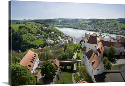 Germany, Passau, view from Oberhaus Fortress, Danube River